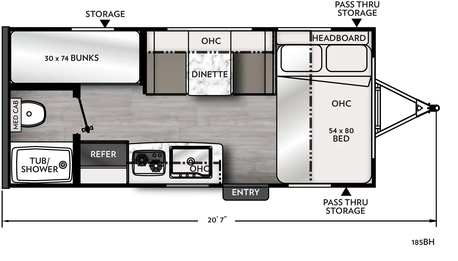 The 185BH has no slide outs and one entry door on the door side. Interior layout from front to back: front bedroom with side-facing bed and overhead cabinet; kitchen living dining area; dinette on the off- door side with overhead cabinet; door side kitchen with sink, cook top stove, overhead cabinet, microwave below, and refrigerator; door side rear bathroom; two bunk beds on of the off-door side. 